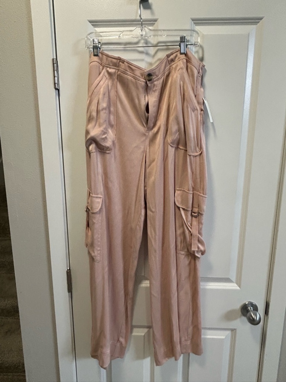 Anthropology, pink silky, wide leg, cargo pants new with tags